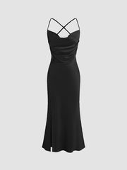 Satin Cowl Neck Solid Ruched Criss Cross Split Maxi Dress