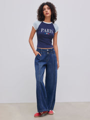 Cider Denim Mid Rise Solid Double Button Pocket Baggy Jeans