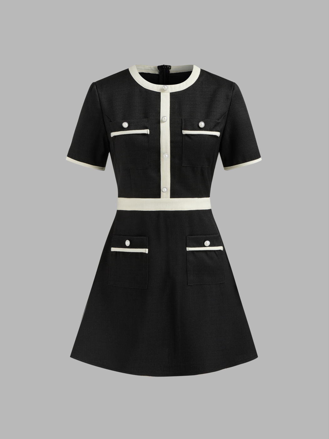 Tweed Round Neckline Contrasting Binding Pearl Button Mini Dress