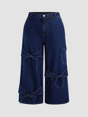 Cider Denim Mid Rise Solid Bowknot Pocket Wide Leg Jeans Curve & Plus