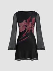 Mesh Boat Neck Floral Mini Dress