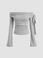 Off-shoulder Solid Knotted Ruched Long Bell Sleeve Top