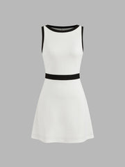 Cotton-blend Boat Neckline Solid Contrasting Binding Mini Dress
