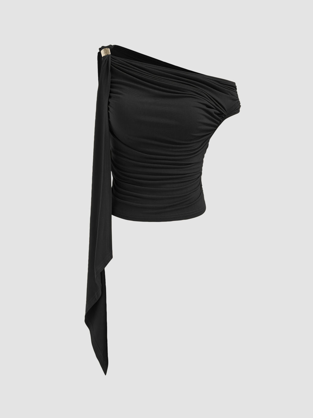 Asymmetrical Neck Solid Ruched Ruffle Hem Crop Top