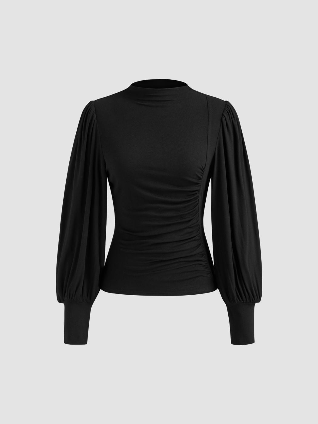 High Neck Solid Ruched Long Sleeve Top
