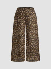 Woven Mid Rise Elastic Waist Leopard Pocket Wide Leg Trousers Curve & Plus