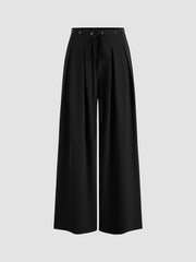 Mid Rise Solid Pleated Knotted Wide Leg Trousers