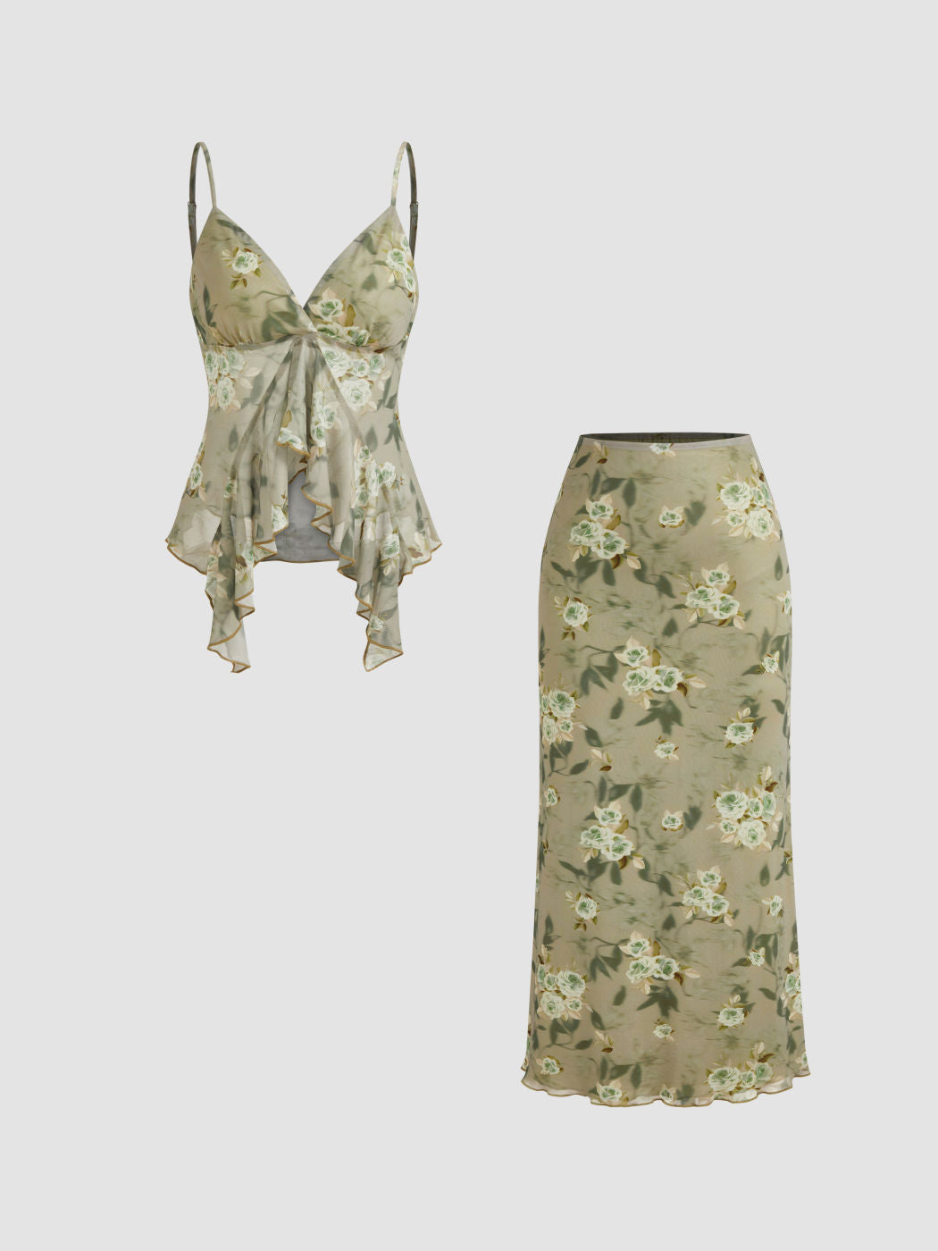 V-neck Floral Ruffle Cami Top & Mid Rise Maxi Skirt Set