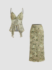V-neck Floral Ruffle Cami Top & Mid Rise Maxi Skirt Set