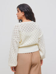 Knit V-neck Solid Hollow Out Button Cardigan Curve & Plus