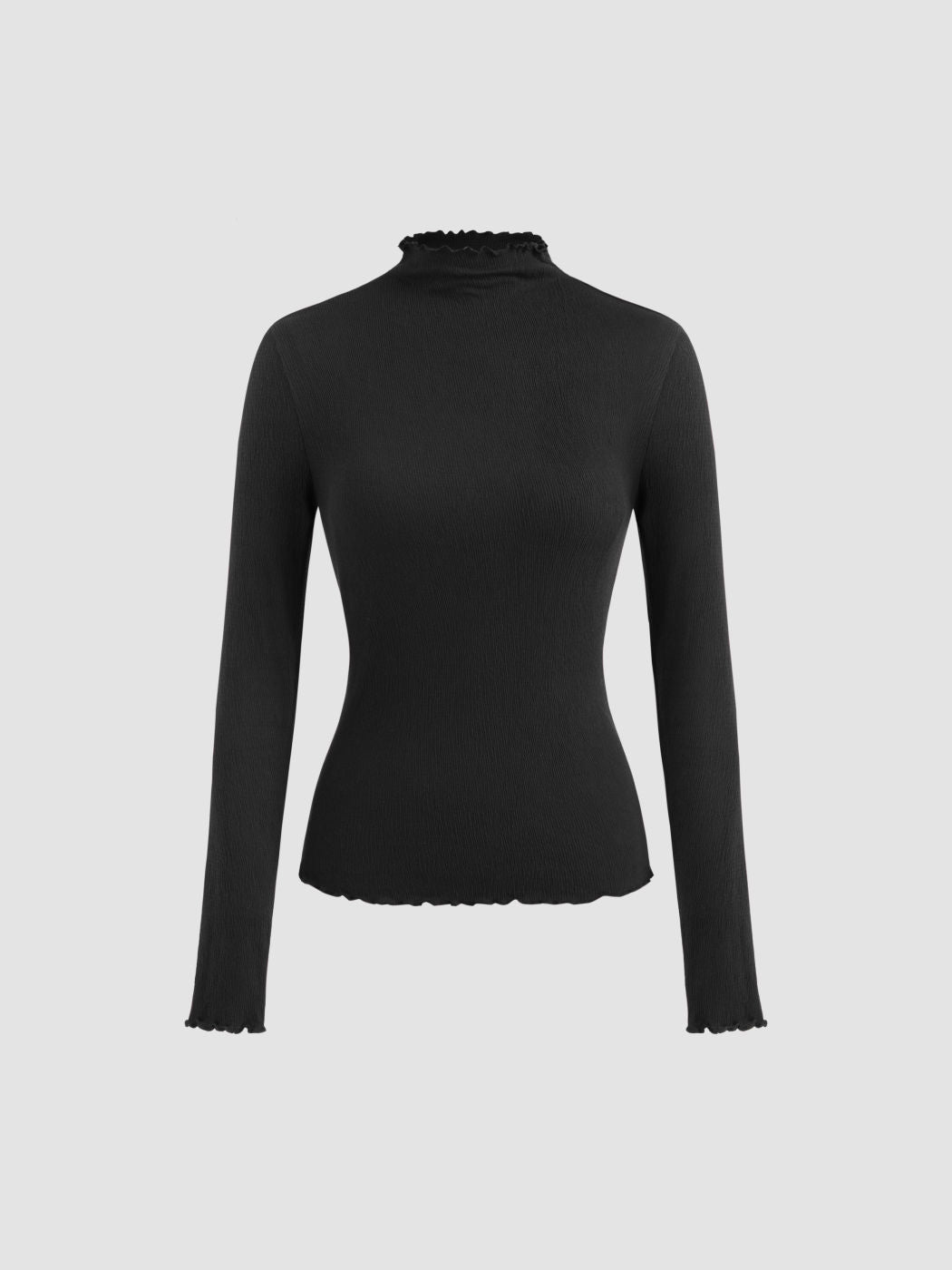Cotton-blend High Neck Solid Lettuce Trim Long Sleeve Top