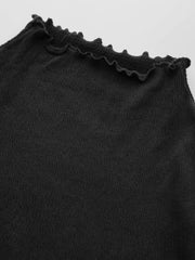 Cotton-blend High Neck Solid Lettuce Trim Long Sleeve Top