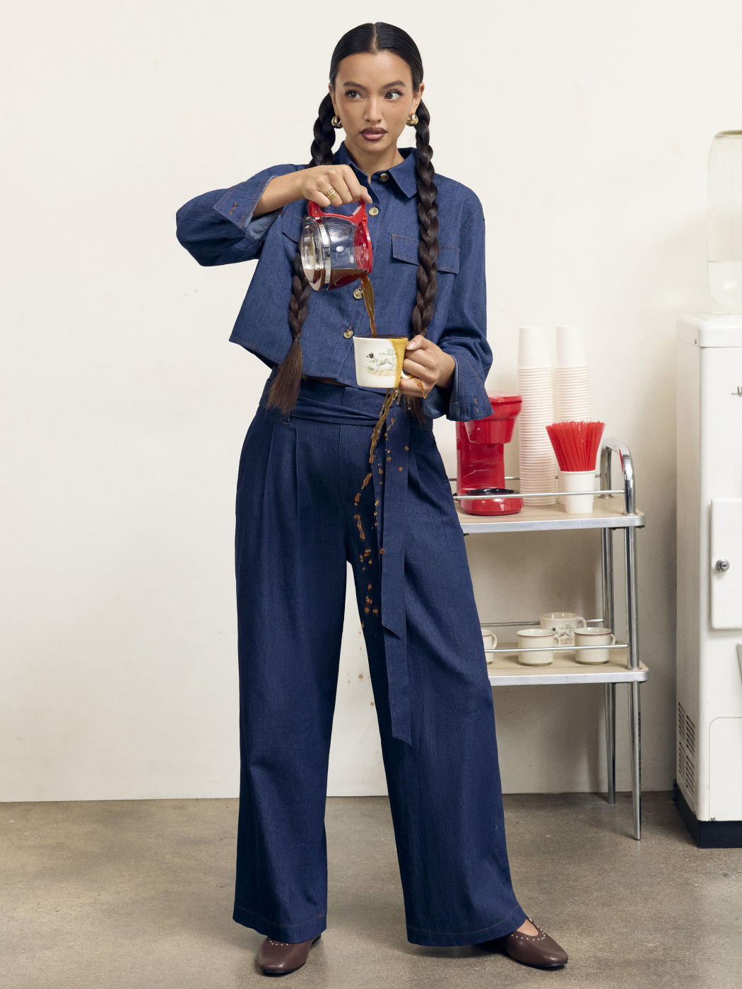 Denim Collar Solid Button Pocket Oversized Jacket