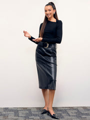 Faux Leather Mid Rise Solid Midi Skirt With Belt