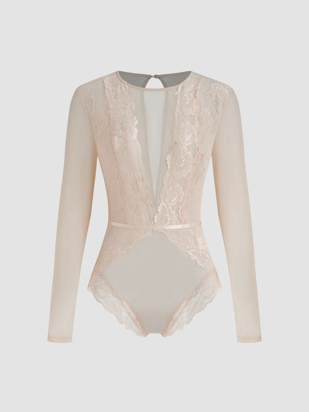 Round Neckline Solid Lace See-through Bodysuit
