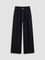 Denim Mid Rise Pleated Wide Leg Jeans