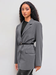 Collar Solid Pocket Oversized Blazer With Belt