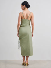 Cotton-blend Square Neck Solid Ruched Drawstring Midi Dress
