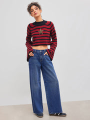 Denim Mid Rise Fire Embroidery Pocket Belted Straight Leg Jeans