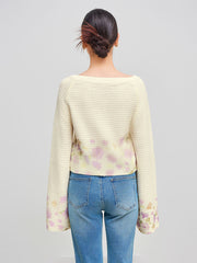 Knit Boat Neck Floral Bell Sleeve Crop Top