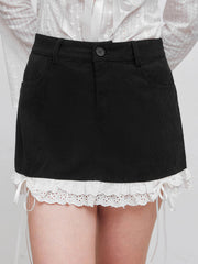 Corduroy Low Rise Solid Broderie Anglaise Hem Knotted Mini Skirt
