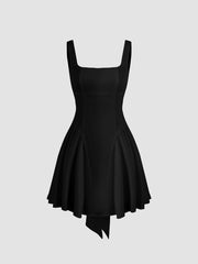 Satin Square Neck Solid Ruffle Knotted Mini Dress