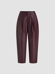 Faux Leather Mid Rise Solid Zipper Cropped Barrel-leg Trousers