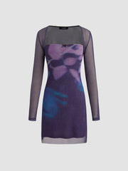 Mesh Tie Dye Bowknot Tube Mini Dress & Mesh Solid Shrug