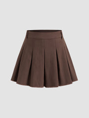 Denim High Waist Pleated Raw Hem Mini Skirt