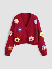 Knit V-neck Button Flower Cardigan