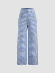 Tweed Mid Rise Checks Zipper Wide Leg Trousers