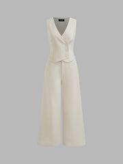 V-neck Solid Wrap Button Pocket Vest Jumpsuit