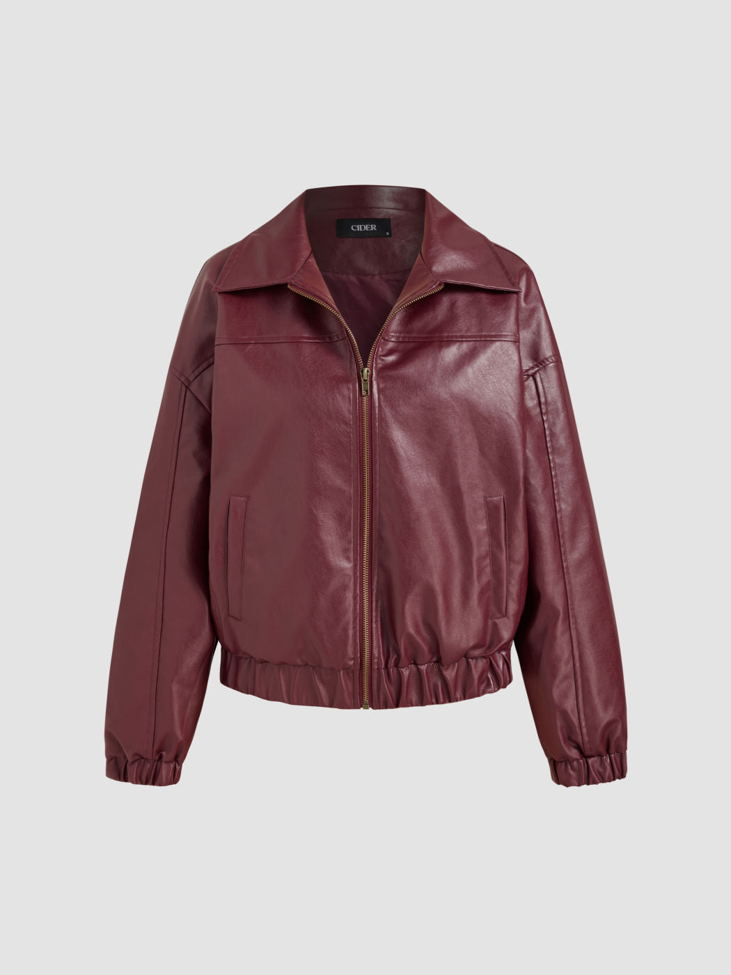 Faux Leather Collar Solid Pocket Zipper Bomber Jacket