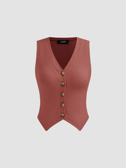 Cotton-blend V-neck Solid Button Vest & Mid Rise Knotted Pocket Straight Leg Trousers Set