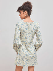 Corduroy Square Neck Floral Knotted Mini Dress