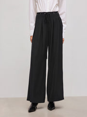 Mid Rise Solid Pleated Knotted Wide Leg Trousers