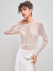 Round Neckline Solid Lace See-through Bodysuit