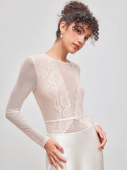 Round Neckline Solid Lace See-through Bodysuit