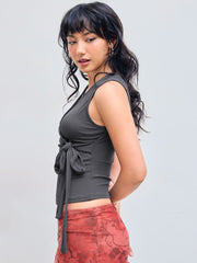 Round Neck Bowknot Solid Tank Top