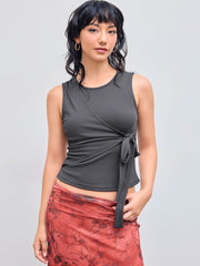 Round Neck Bowknot Solid Tank Top