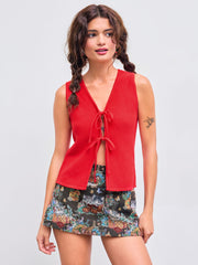 Knitted V-neck Solid Tie Front Knotted Vest