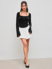 Satin Mid Rise Solid Elastic Waist Bubble Hem Mini Skirt