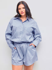 100% Cotton Collar Striped Pocket Oversized Shirt Romper Curve & Plus