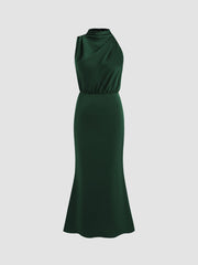High Neck Sleeveless Ruched Maxi Dress