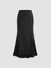 Mid Rise Aztec Lace Up Tie Side Mermaid Maxi Skirt