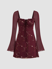 Mesh Sweetheart Neckline Floral Mini Dress