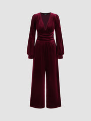 Velvet V-neck Solid Ruched Pocket Wide Leg Jumpsuit