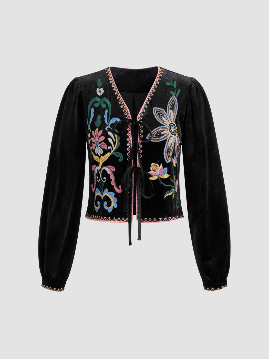 Velvet V-neck Floral Embroidery Tie Front Jacket