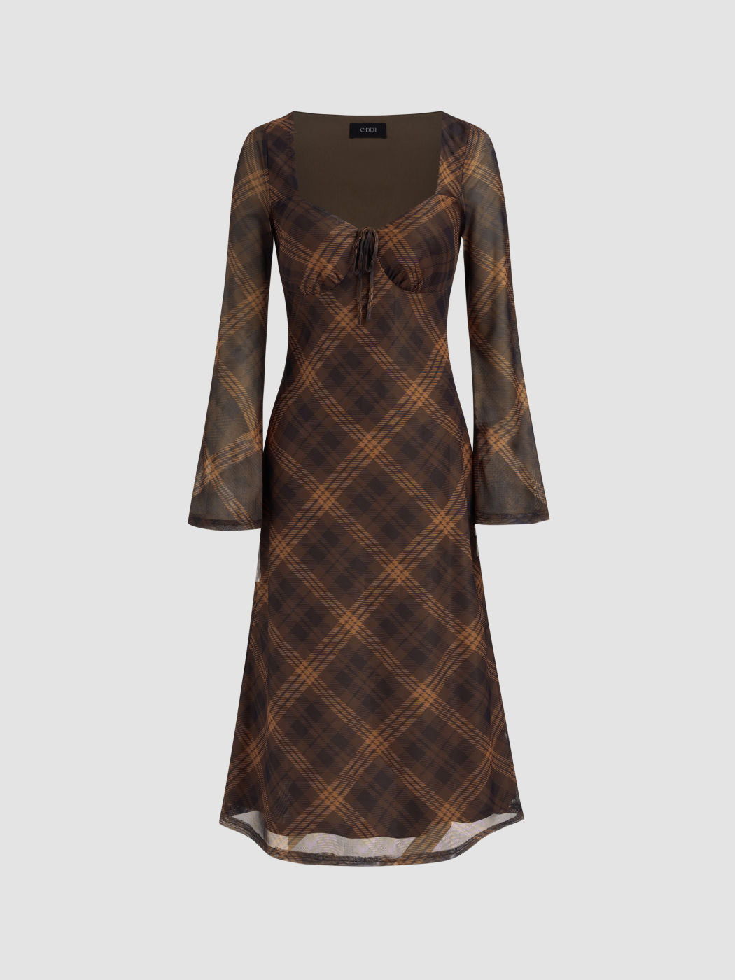 Mesh V-neck Checks Knotted Maxi Dress