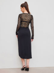 Lace Round Neckline Cut Out Bowknot 	See-through Bodysuit & Mid Rise Ruched Split Midi Skirt Set